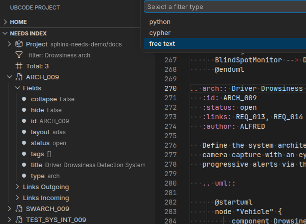 Free-text filter in the Needs Index view