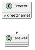 @startuml
class Greeter {
  +greet(name)
}
class Farewell
Greeter --> Farewell
@enduml